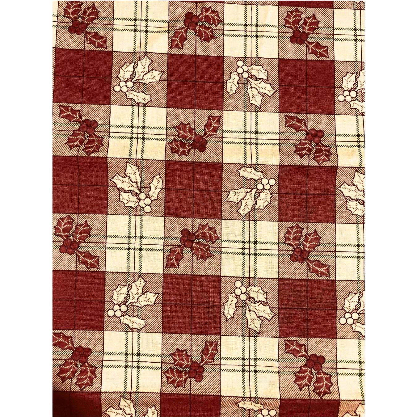 Christmas Plaid Fabric, Holly Fabric, Sewing, quilting fabric, Cotton Fabric, Red plaid, holiday fabric