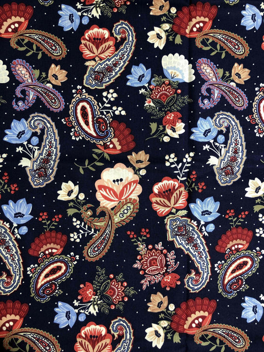 Navy Blue Floral Paisley Fabric, Floral Fabric, Cotton Fabric, Sewing, quilting, Blue Paisley