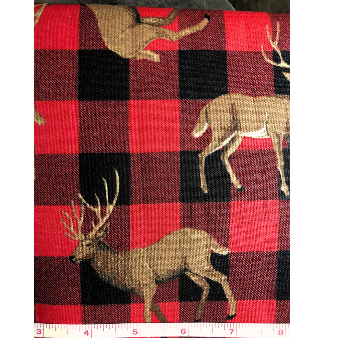 Red Plaid Deer Fabric,  100% Cotton Fabric, Sewing, quilting, holiday fabric, Christmas fabric, red buffalo plaid