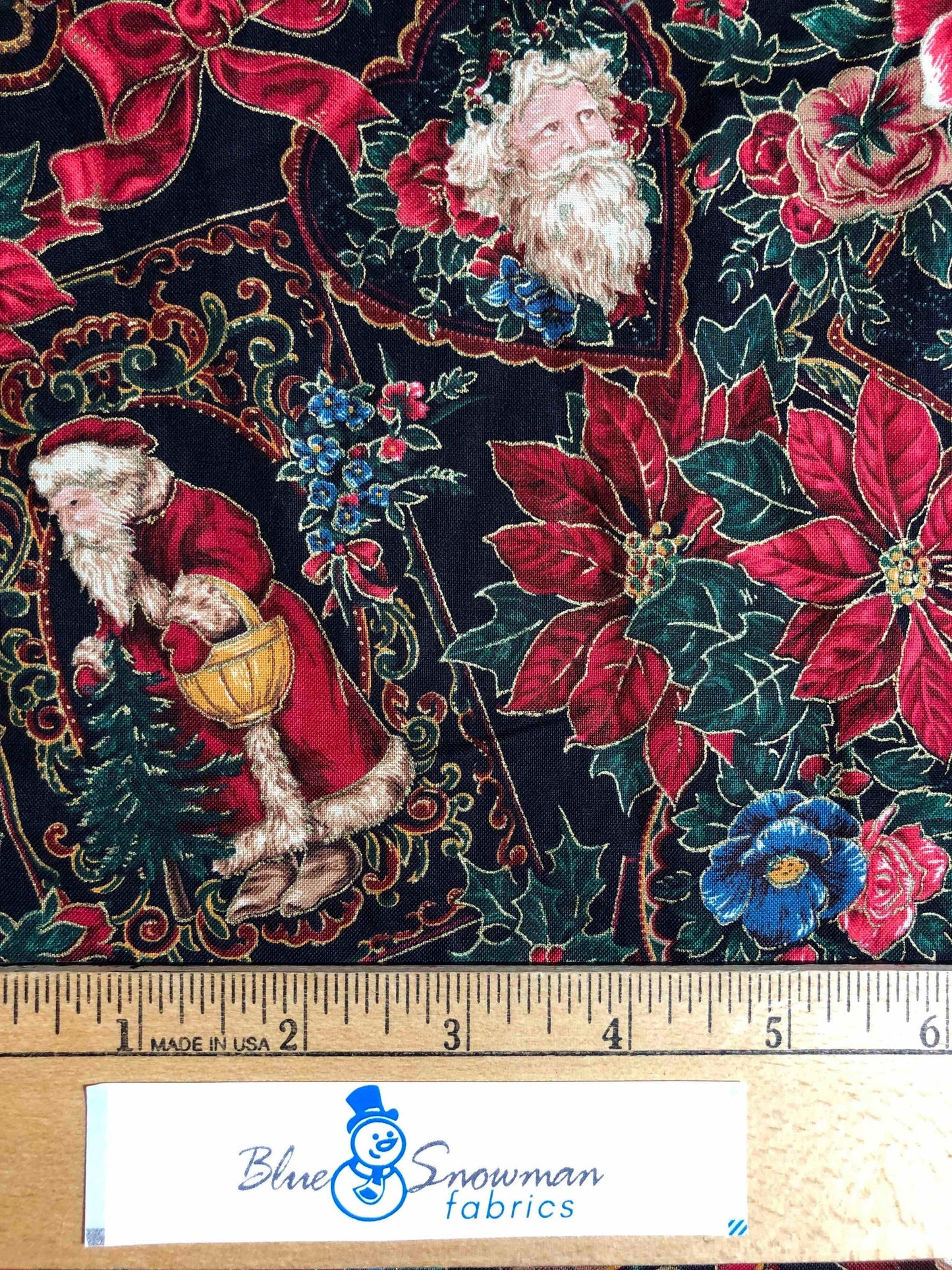 Metallic Santa Sleigh Christmas Fabric, Sewing, quilting, craft fabric, Father Time, Fabric Remnant