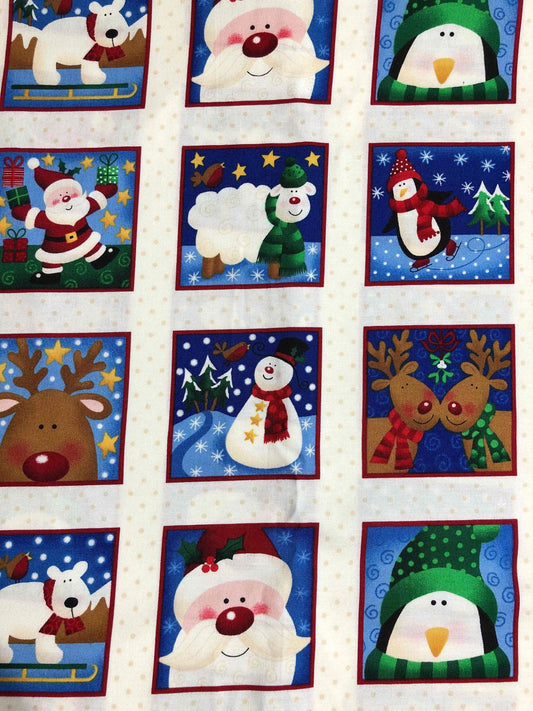 Makower UK Christmas Squares Fabric, sewing fabric, quilting, Reindeer fabric, Santa fabric, penguin fabric