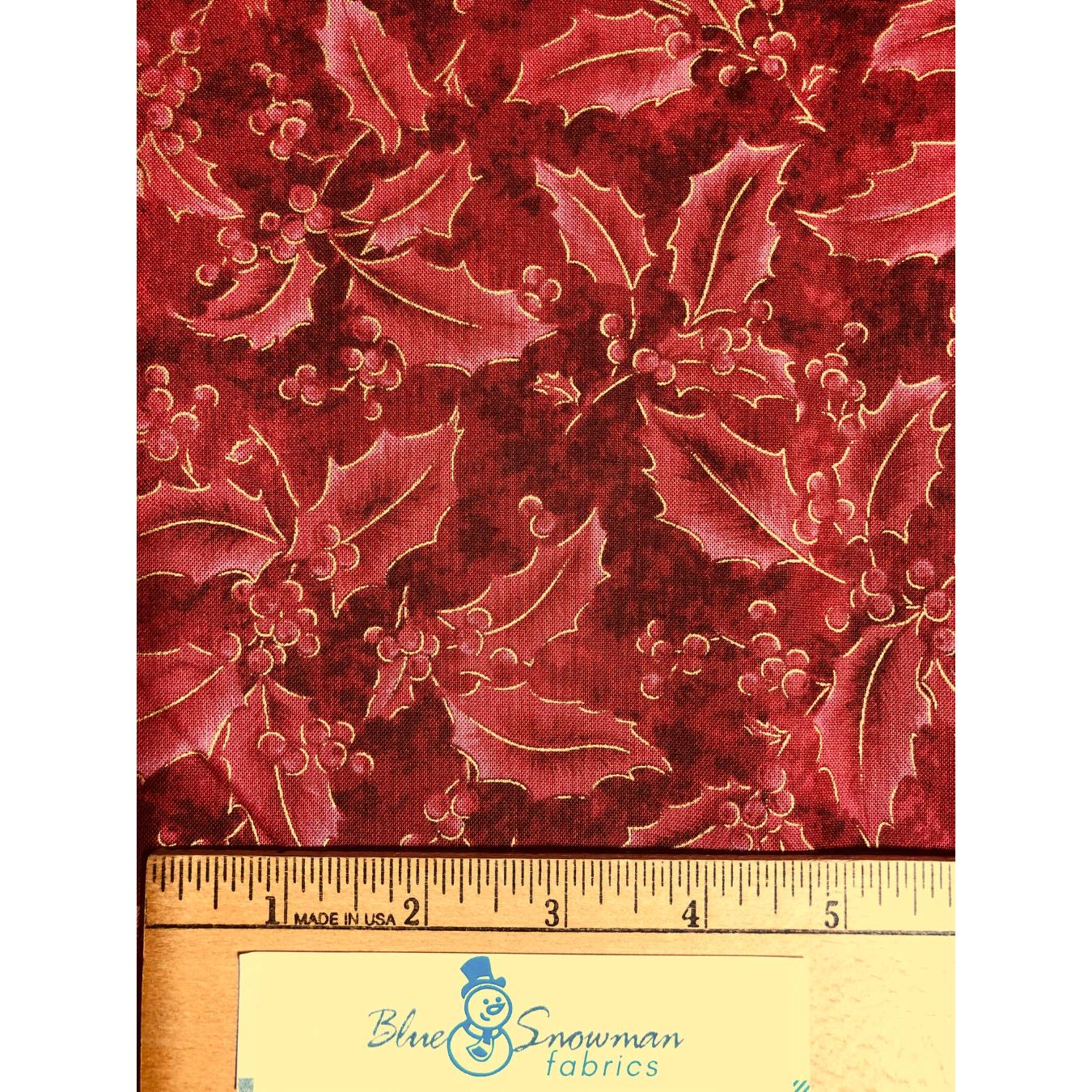 Rust Red Holly Christmas Fabric, sewing fabric, quilting, Christmas poinsettia, holiday fabric, Fabri-Quilt, Holiday Edition, gold metallic