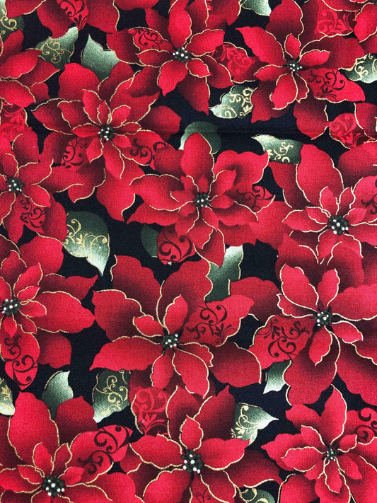 Metallic Poinsettia Christmas Fabric, sewing fabric, quilting, holiday fabric, red Christmas, craft fabric