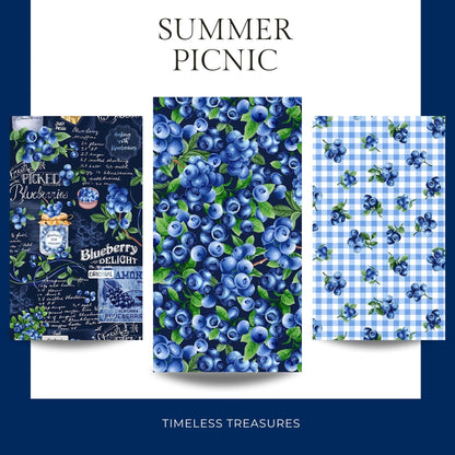 Timeless Treasures Coordinating Blueberry Fabric, Sewing, quilting fabric, Cotton Fabric, Summer Picnic Collection, gingham, chalkboard