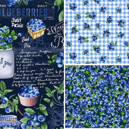 Timeless Treasures Coordinating Blueberry Fabric, Sewing, quilting fabric, Cotton Fabric, Summer Picnic Collection, gingham, chalkboard