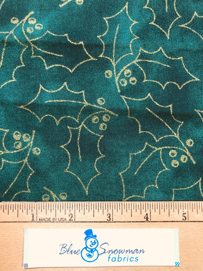 Green Christmas Fabric, Christmas holly, green metallic holly, holiday fabric, Sewing, quilting, crafting, metallic fabric