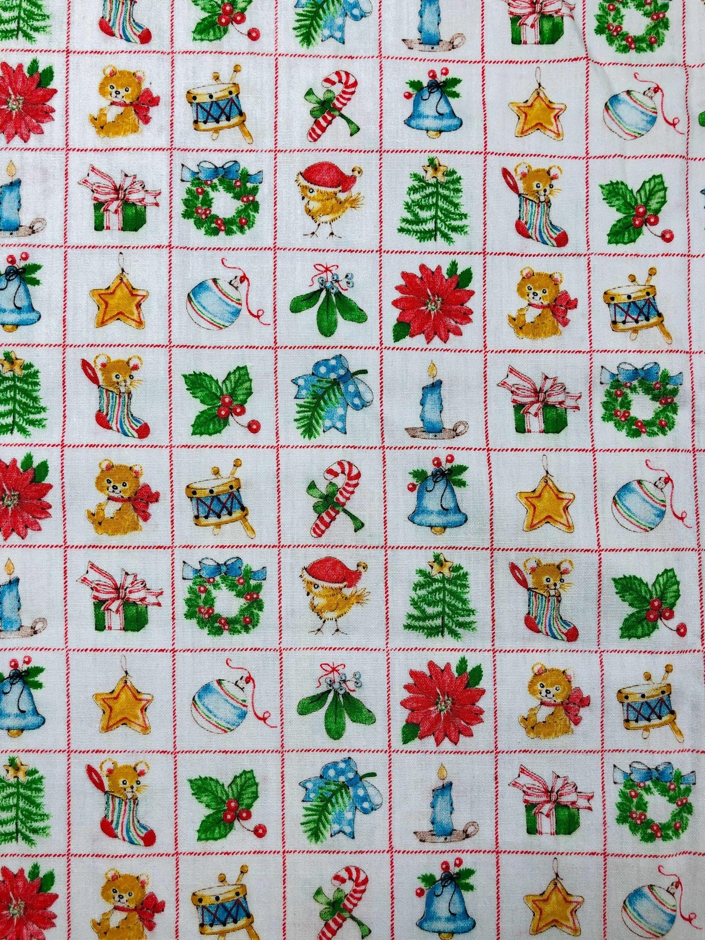 Vintage Christmas Fabric, holiday fabric, Sewing, quilting, crafting, Christmas tree, candy cane, Christmas stocking, Christmas bell, wreath