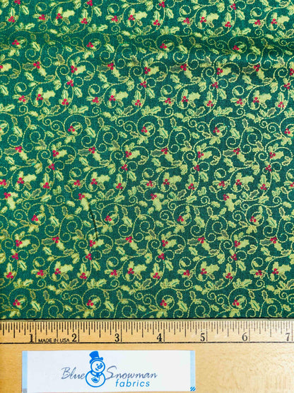 Maker's Holiday Fabric Green Holly Fabric, Christmas Fabric, sewing fabric, quilting, Christmas Mistletoe, Green Christmas, gold Christmas