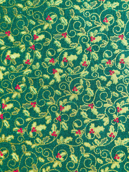 Maker's Holiday Fabric Green Holly Fabric, Christmas Fabric, sewing fabric, quilting, Christmas Mistletoe, Green Christmas, gold Christmas