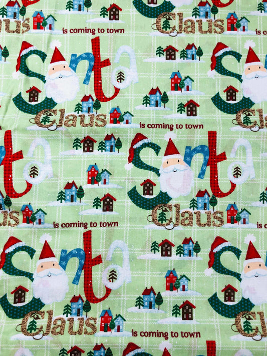 Santa Christmas Fabric, Sant Claus is Coming to Town, sewing fabric, quilting, holiday fabric, Tree fabric, Green Christmas