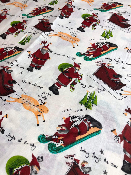 Sledding Santa, Jingle Bells, Christmas Fabric, sewing fabric, quilting, holiday fabric, Jingle all the way, reindeer fabric