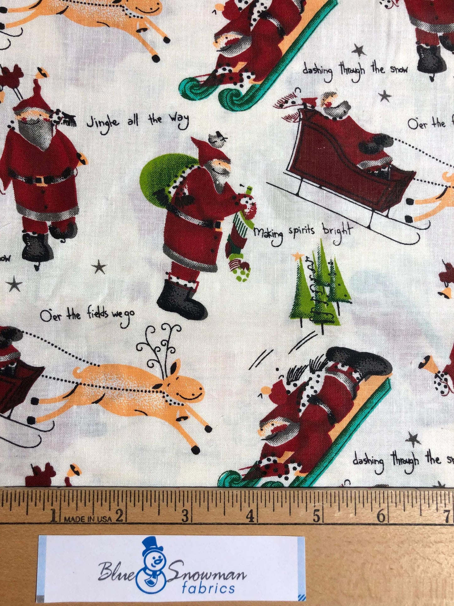 Sledding Santa, Jingle Bells, Christmas Fabric, sewing fabric, quilting, holiday fabric, Jingle all the way, reindeer fabric