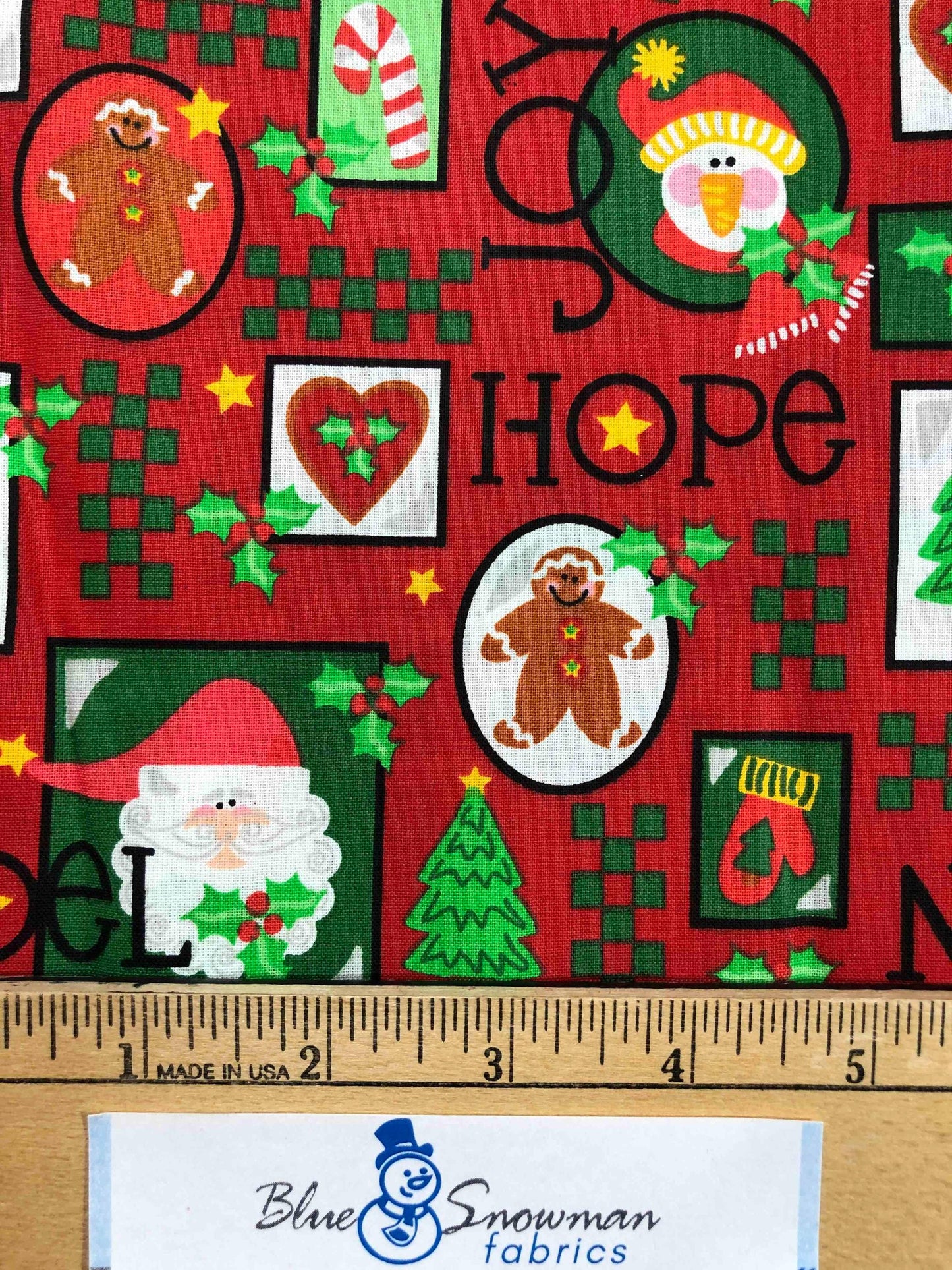 Joy, Hope, Noel, Gingerbread, Santa, Penguin Red Christmas Fabric, sewing fabric, quilting, holiday fabric