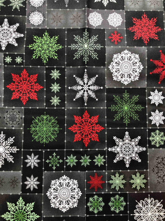 Maywood, Christmas Night, Snowflake Christmas Fabric, sewing fabric, quilting, holiday fabric, black check fabric, red and green