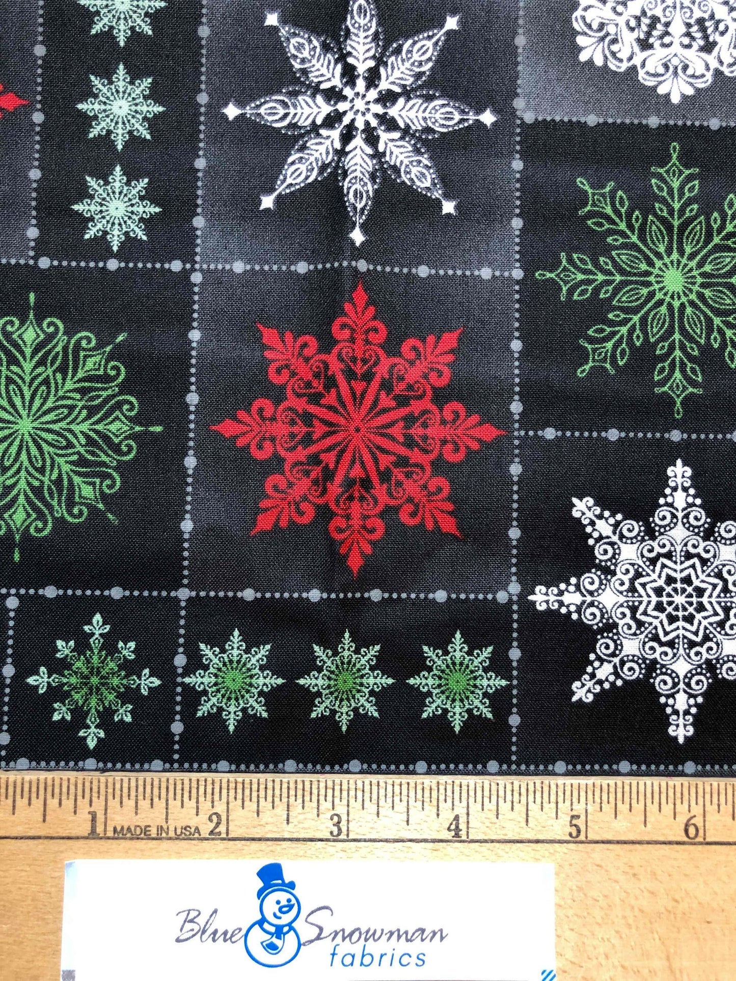 Maywood, Christmas Night, Snowflake Christmas Fabric, sewing fabric, quilting, holiday fabric, black check fabric, red and green