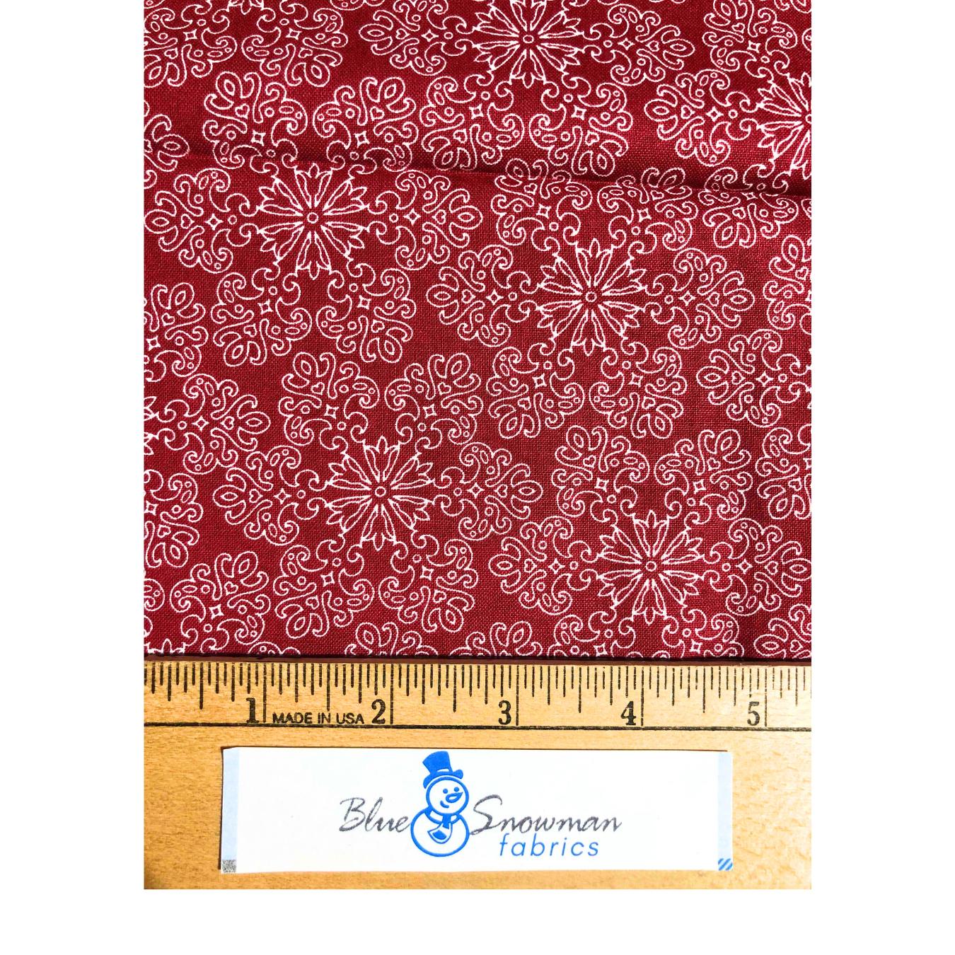 Red Scroll Snowflake Christmas Fabric, sewing fabric, quilting, holiday fabric, red medallion fabric