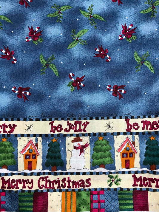 KP Kids SSI Fabric Double Border blue Christmas Fabric, sewing fabric, quilting, holiday fabric, Merry Christmas, Candy Cane, Snowman fabric