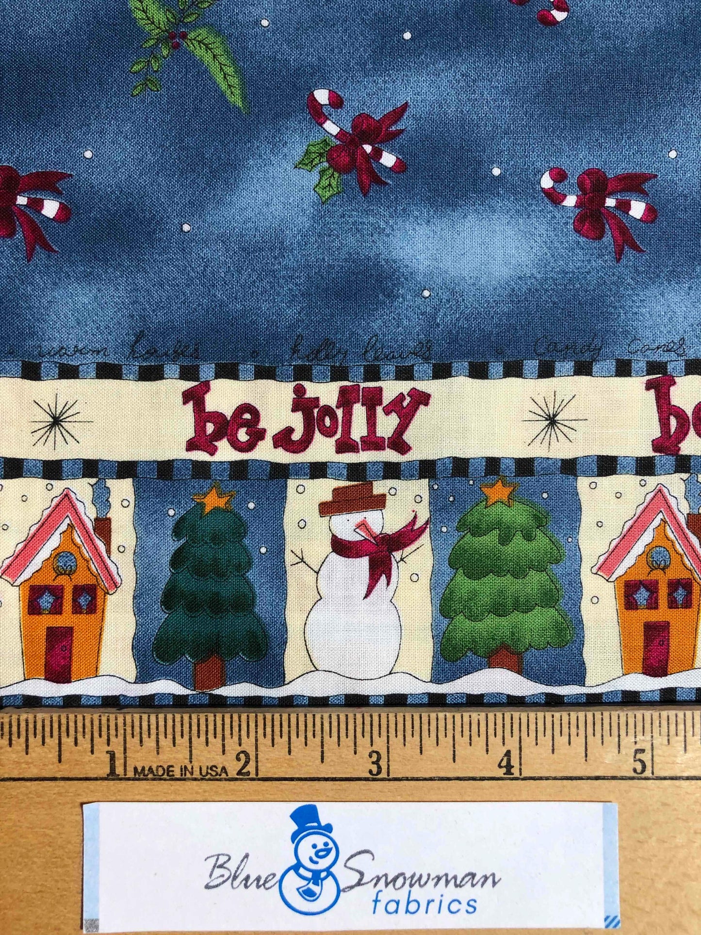 KP Kids SSI Fabric Double Border blue Christmas Fabric, sewing fabric, quilting, holiday fabric, Merry Christmas, Candy Cane, Snowman fabric