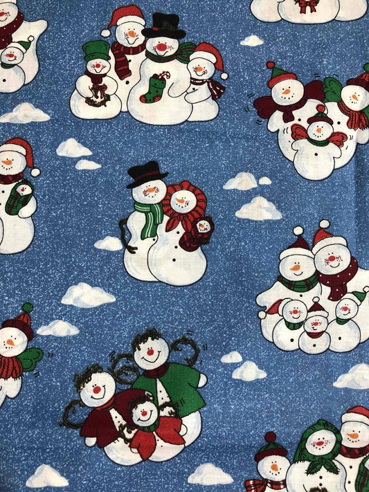 Snowman Family Blue Christmas Fabric, sewing fabric, quilting, holiday fabric, Snowman fabric