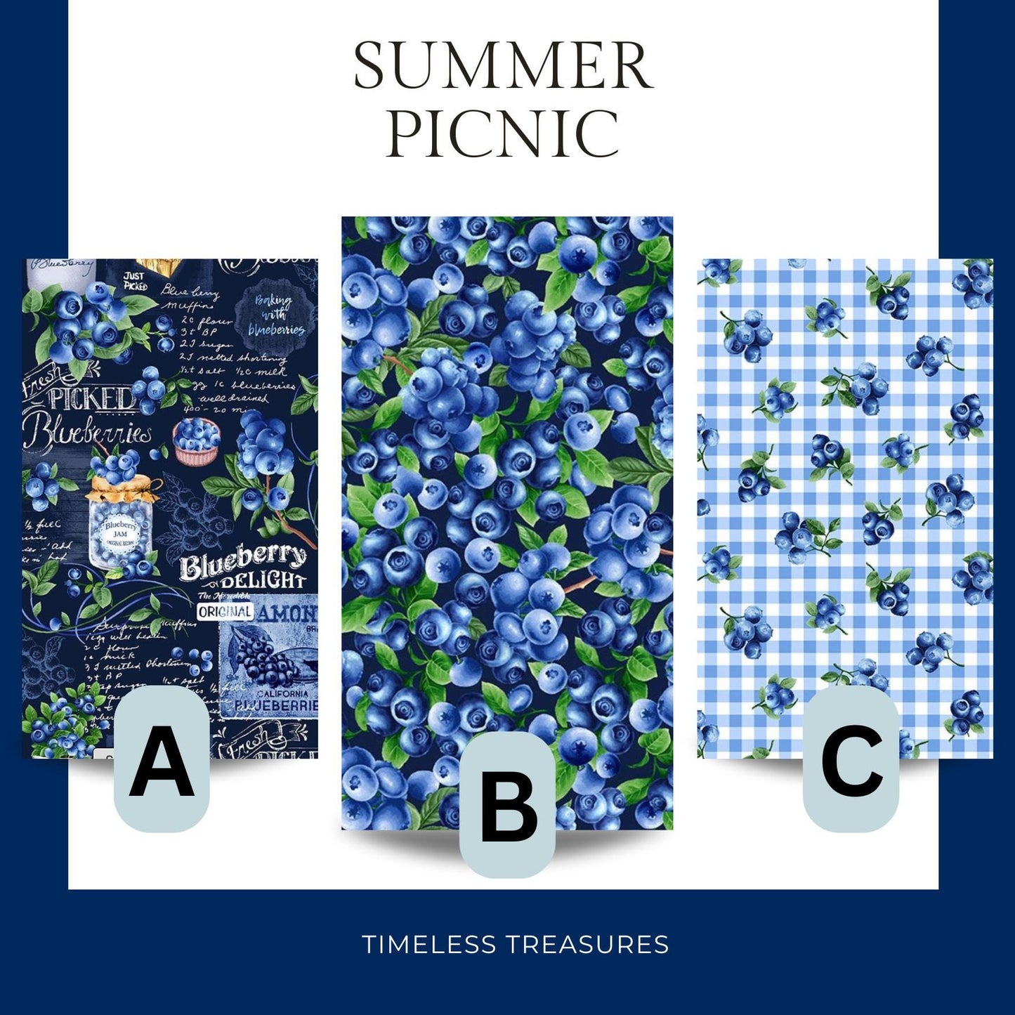 Timeless Treasures Coordinating Blueberry Fabric, Sewing, quilting fabric, Cotton Fabric, Summer Picnic Collection, gingham, chalkboard