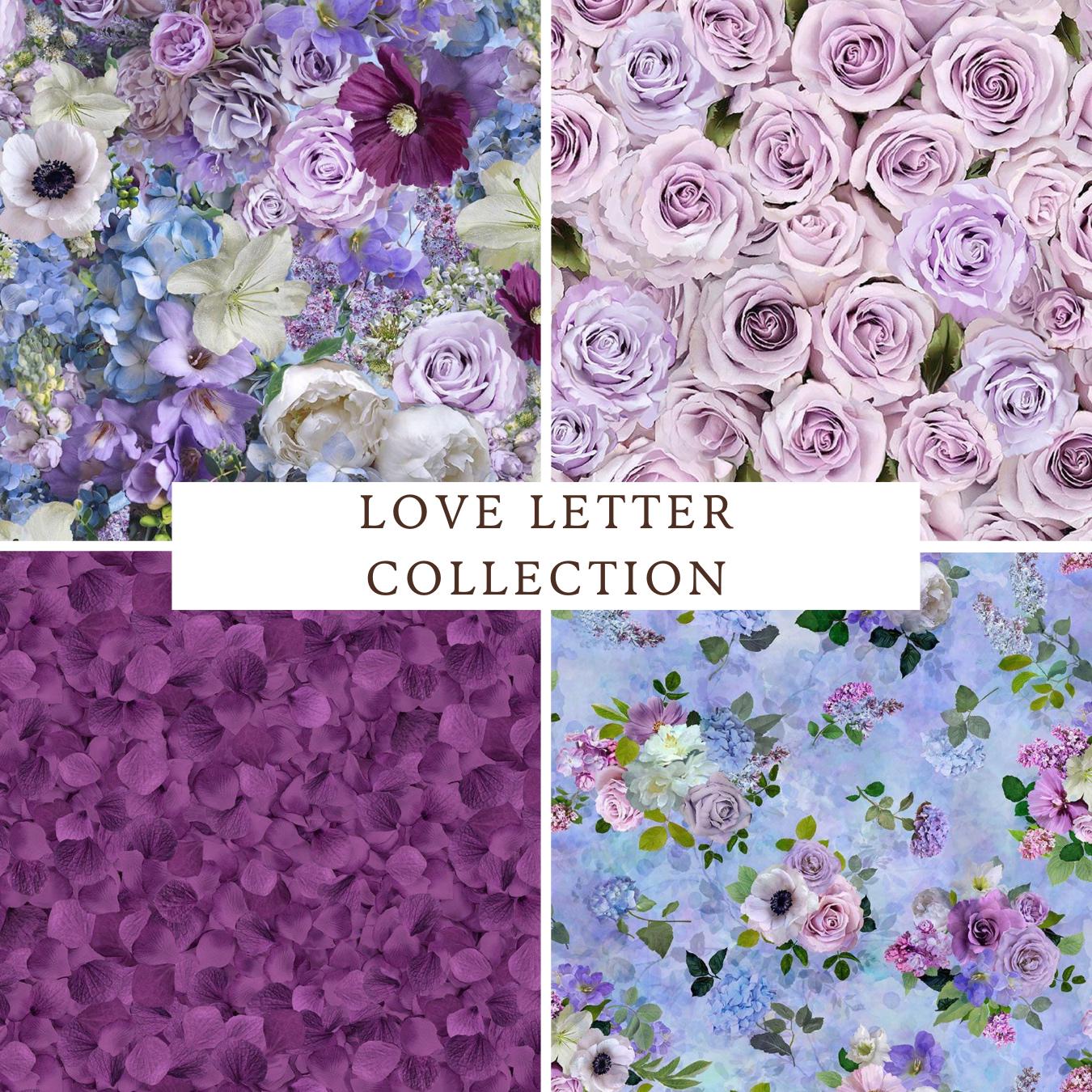 Timeless Treasures Coordinating Love Letters Collection, Sewing, quilting fabric, floral fabric, purple floral, floral bouquet, shabby chic