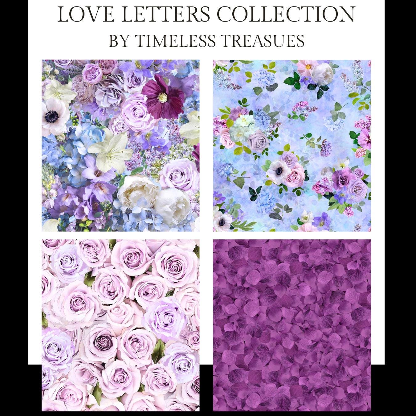 Timeless Treasures Coordinating Love Letters Collection, Sewing, quilting fabric, floral fabric, purple floral, floral bouquet, shabby chic