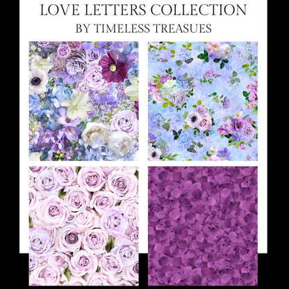 Timeless Treasures Coordinating Love Letters Collection, Sewing, quilting fabric, floral fabric, purple floral, floral bouquet, shabby chic