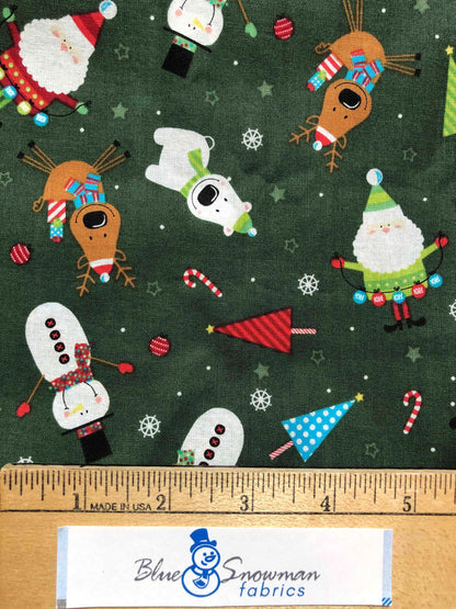 Fun Green Christmas Fabric, sewing fabric, quilting, holiday fabric, Snowman fabric, reindeer fabric, Christmas tree fabric, novelty fabric