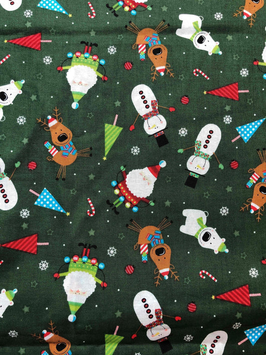 Fun Green Christmas Fabric, sewing fabric, quilting, holiday fabric, Snowman fabric, reindeer fabric, Christmas tree fabric, novelty fabric