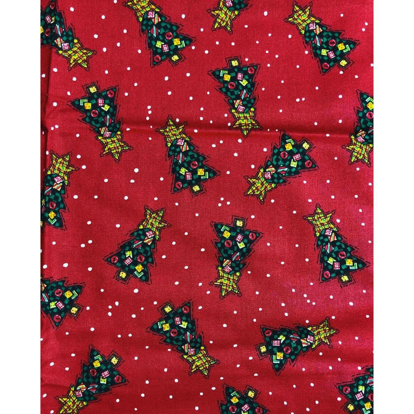 Country Christmas Tree Fabric, Christmas Tree Red Christmas Fabric, sewing fabric, quilting, holiday fabric, polk a dot fabric