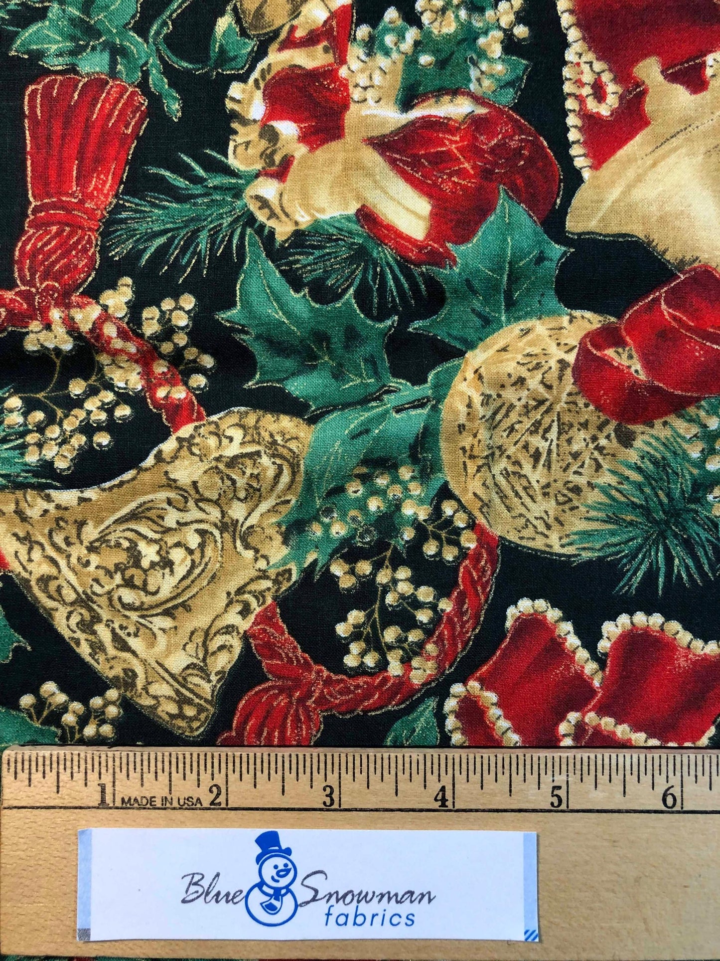 Christmas Fabric, Christmas bells, Christmas bows, holiday fabric, Sewing, quilting, crafting, metallic fabric