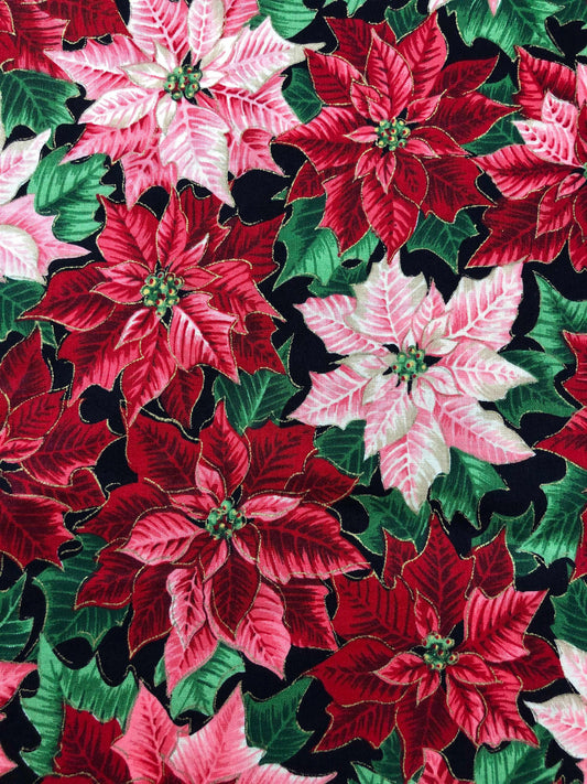 Cranston Metallic Gold Christmas Poinsettia Fabric, Christmas fabric, holiday fabric, Sewing, quilting, crafting, Christmas decor