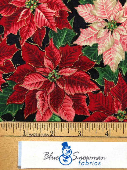 Cranston Metallic Gold Christmas Poinsettia Fabric, Christmas fabric, holiday fabric, Sewing, quilting, crafting, Christmas decor