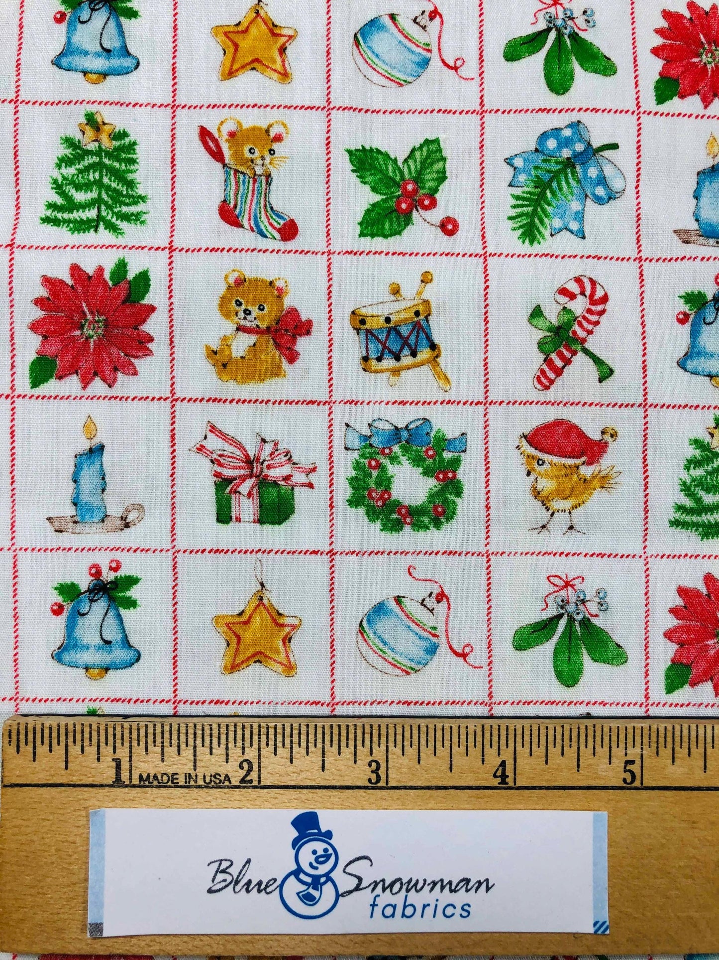 Vintage Christmas Fabric, holiday fabric, Sewing, quilting, crafting, Christmas tree, candy cane, Christmas stocking, Christmas bell, wreath