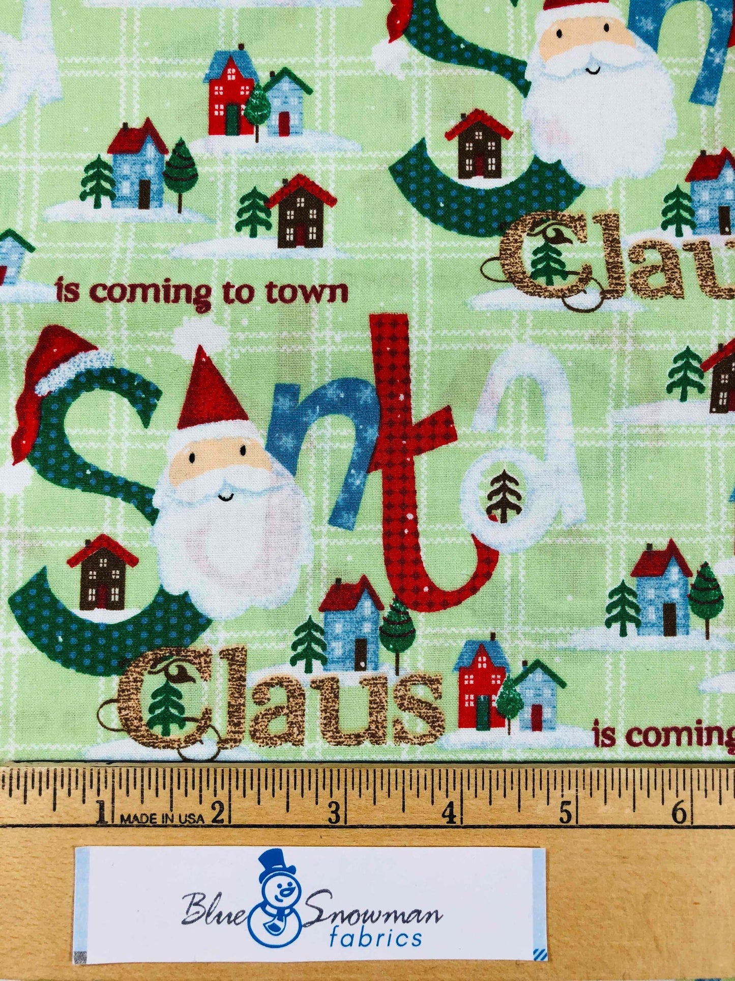 Santa Christmas Fabric, Sant Claus is Coming to Town, sewing fabric, quilting, holiday fabric, Tree fabric, Green Christmas