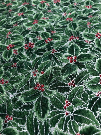 Hoffman Fabrics Berries and Blooms Metallic Christmas Fabric, sewing fabric, quilting, holiday fabric, Holly berries