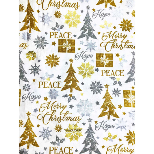 Hope, Peace, Gold and Silver Metallic Christmas Fabric, sewing fabric, quilting, holiday fabric, Christmas trees, snowflakes