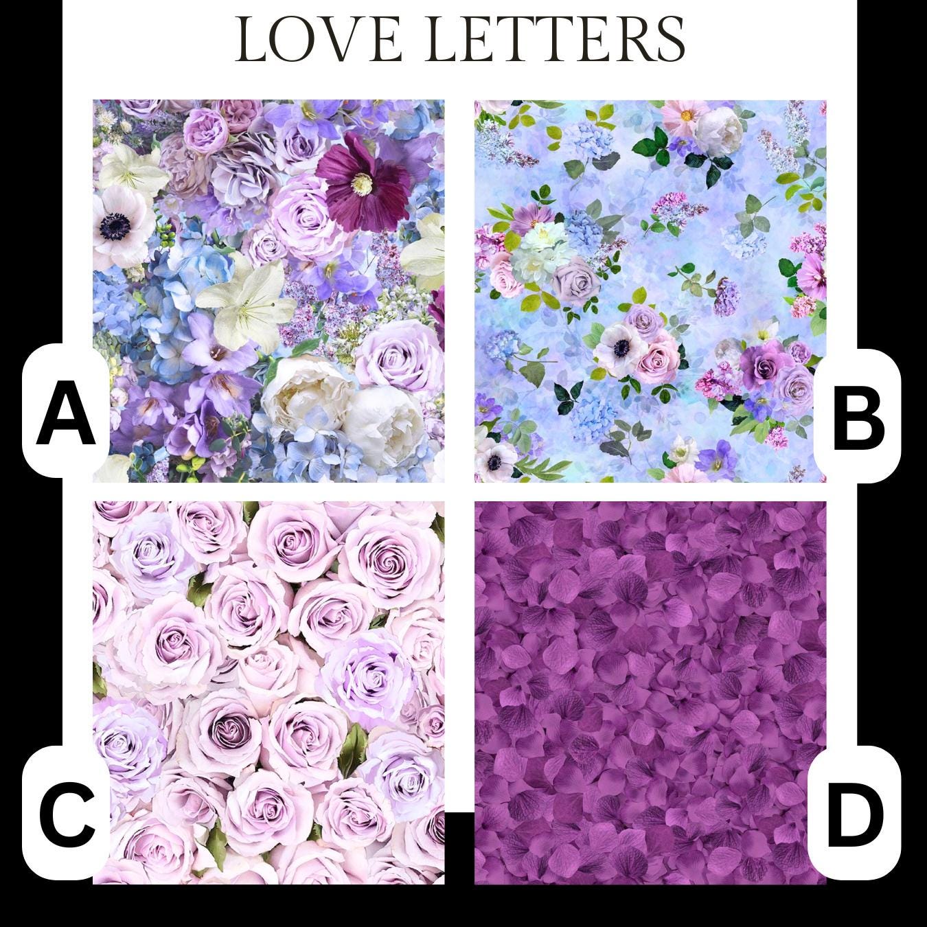 Timeless Treasures Coordinating Love Letters Collection, Sewing, quilting fabric, floral fabric, purple floral, floral bouquet, shabby chic