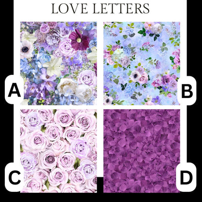 Timeless Treasures Coordinating Love Letters Collection, Sewing, quilting fabric, floral fabric, purple floral, floral bouquet, shabby chic