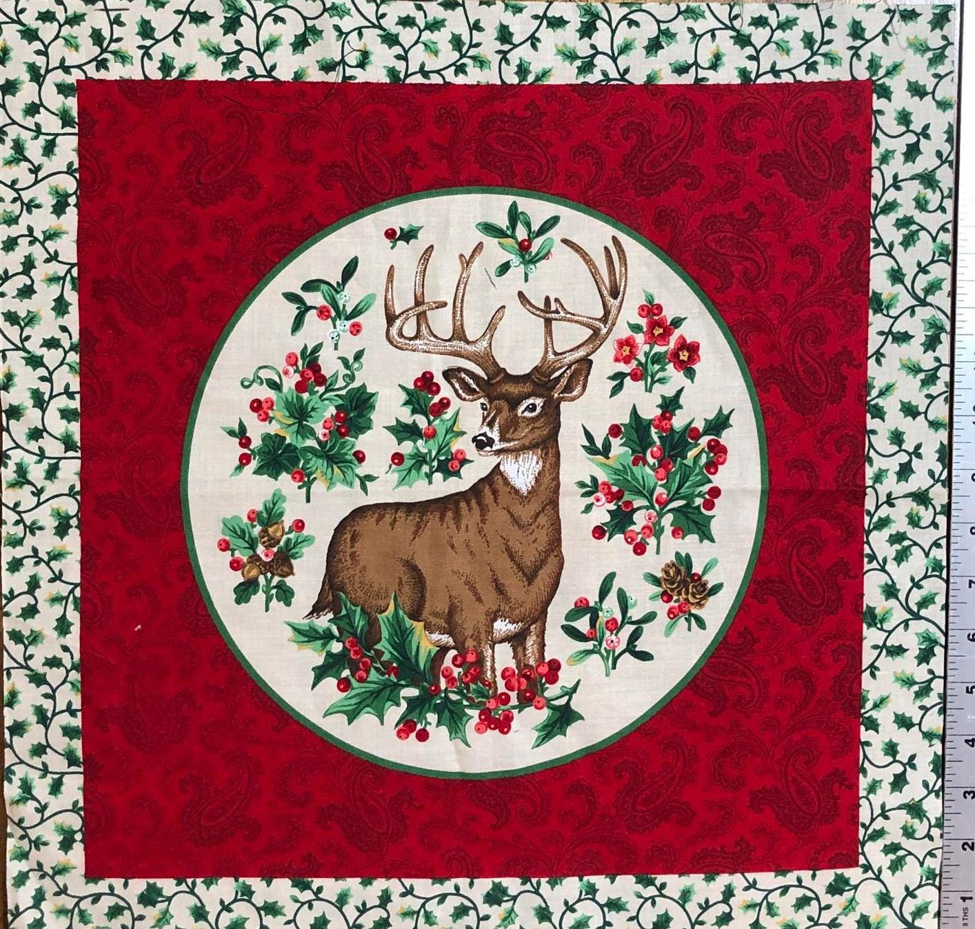 Deer Christmas Pillow Squares, Sewing, quilting, holiday quilt squares, red paisley, ivy border