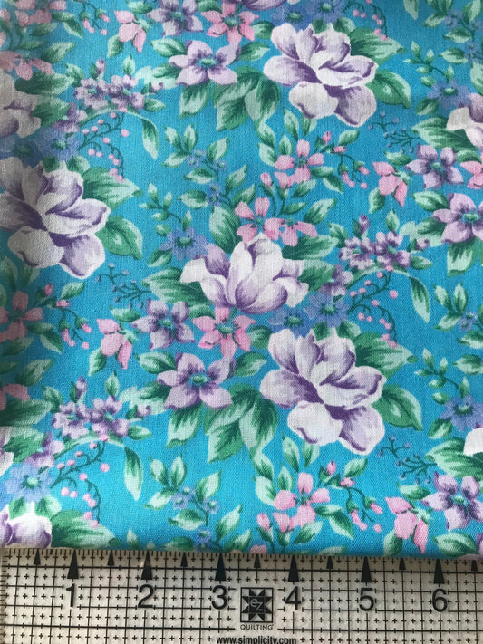 Purple floral fabric on Blue background, 100% Cotton, Vintage Fabric, quilting fabric, Sewing, decor fabric, crafting, OOP fabric