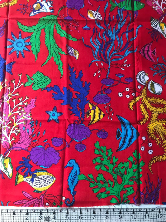 OOP Red Ocean Fish Print, 100% Cotton, Vintage Fabric,quilting fabric, Sewing, decor fabric, Novelty print fabric, crafting, Beach, Sea