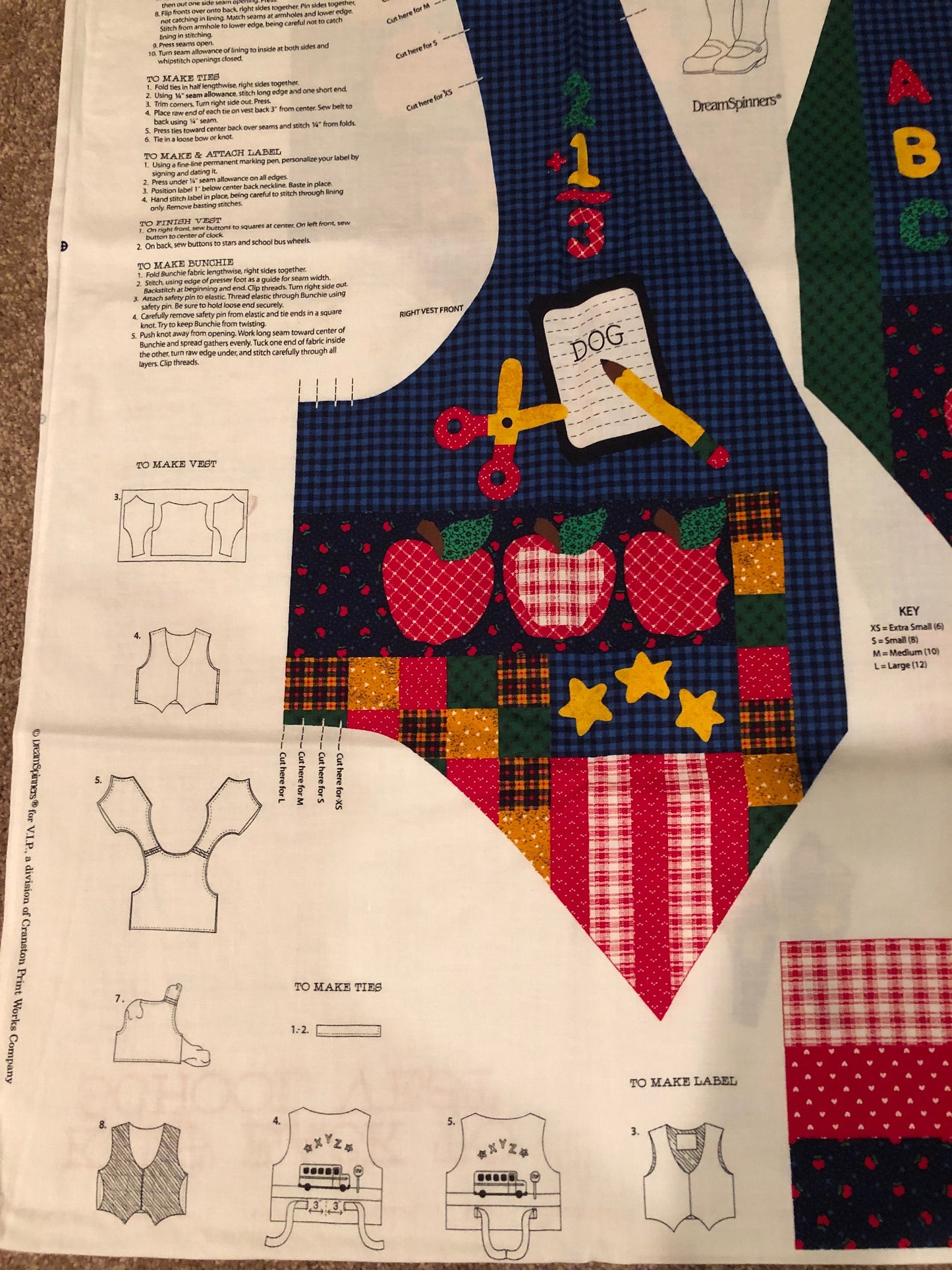 Kid's Back to School Vest Fabric Panel 100% Cotton, DreamSpinners fabric panel, Sewing, Sold by the Panel, Vintage fabric, Girls pattern