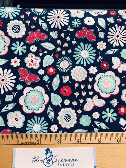 Quilter's Showcase Packed Floral 100% Cotton Fabric, large floral print fabric, quilting fabric, Sewing, crafting, navy floral, Teal floral