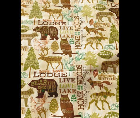 Live Love Lodge Fabric, David Textiles, Fabric by the Yard, quilting fabric, sewing fabric, script, camping, woodland, moose, elk, nature