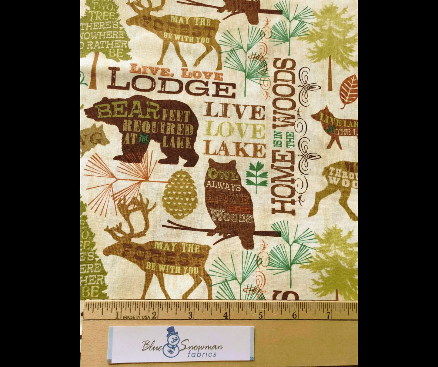 Live Love Lodge Fabric, David Textiles, Fabric by the Yard, quilting fabric, sewing fabric, script, camping, woodland, moose, elk, nature